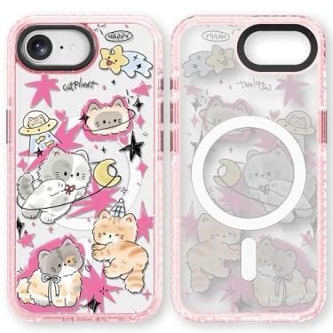 Imagem de Rosarnnah Capa magnética para iPhone 16E Magsafe fofa - Capa de telefone durável à prova de choque de 2 m - Glitter Pink Funny Space Kitty Design para iPhone 16E 6,1 polegadas
