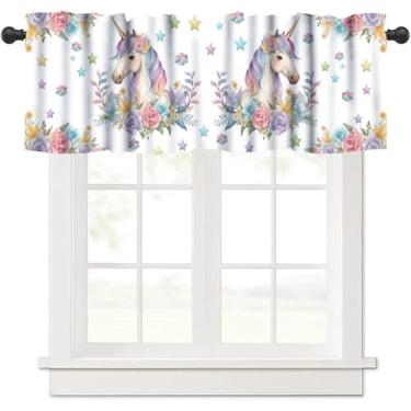 Imagem de SHElifestyle Cortina de saia de unicórnio de desenho animado, animal rosa, unicórnios, florais, estrelas, aquarela, flor, nuvem, tratamentos de janela, para quarto de crianças, meninas, meninos, 137 x