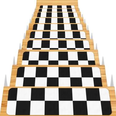Imagem de Tapetes de escada antiderrapante para uso interno, 10 peças, tapetes de escada de madeira, antimovimentos, modernos, para crianças, cães, 20 x 76 cm, preto e branco quadriculado