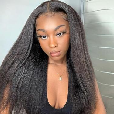 Imagem de Alidiamond Peruca reta Kinky 33 x 15 cabelo humano frontal de 55 cm pré-arrancado Yaki reto 180% densidade sem cola HD perucas frontais de renda para mulheres negras