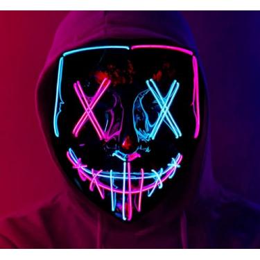 Imagem de KaTiSeMo Máscara de Halloween com luz de LED, máscara de purga de Halloween com 4 modos de iluminação e 2 cores El Wire, máscara de grito assustador para festivais, cosplay, festas de baile de