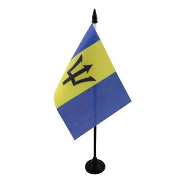 Imagem de Bandeira de mesa de Barbados 10 cm x 15 cm - Bandeira de mesa de Barbados 15 x 10 cm - Bastão e base de plástico preto - Drapeau Barbade AZ FLAG