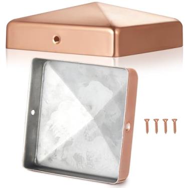 Imagem de Tandefio 2 peças 15 x 15 cm (real 14 cm x 14 cm) tampa de poste pirâmide revestimento de cobre tampa de poste de cerca de aço galvanizado para madeira com parafusos para capas de cerca caixa de