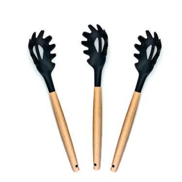 Imagem de Kit 3 Pegadores de Macarrão Silicone Cabo Madeira 32cm Preto - udlandi