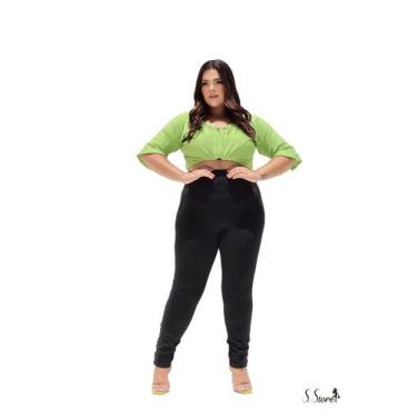 Imagem de Calça Plus Size Montaria Flanelada Peluciada Leg Com Bolsos Cós Alto -