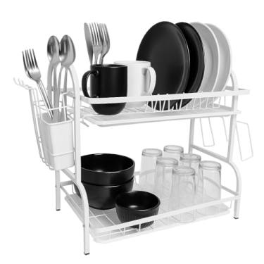Imagem de MADALEN Escorredor de Louças 2 Andares com Suporte para Talheres e Copos – Aço Resistente, Grande Capacidade – Preto ou Branco (Branco)