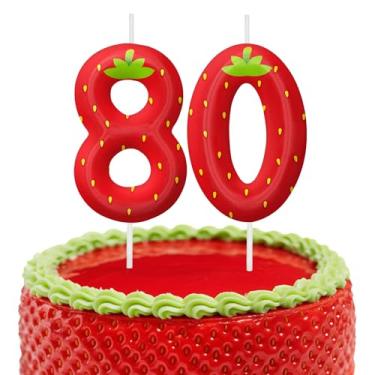 Imagem de Velas de aniversário de morango, decoração de topo de bolo de 6 cm, número 80 velas, decorações de aniversário, decorações de bolo de festa de aniversário, suprimentos de festa