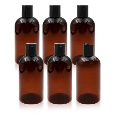 Imagem de Neendohome Pacote com 6 frascos de xampu de plástico âmbar de 227 g com tampas de disco preto, recipientes recarregáveis à prova de vazamento, para viagem, para artigos de higiene pessoal, loção de