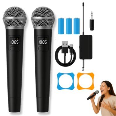 Imagem de Kit Microfone Sem Fio Profissional, 2 Unidades, LED Digital, Recarregável, com Adaptador UHF, para Karaokê, Eventos e Palestras