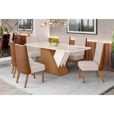 Imagem de Conjunto: Mesa de Cozinha Épic SC24 Tampo Madeirado c/ Vidro Canto Curvo 160x90cm e 6 Cadeiras Anne Nature/Courano/Linho - Henn