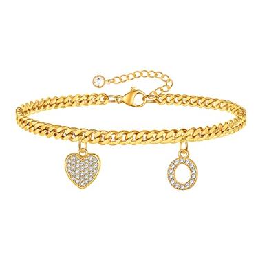 Imagem de Tornozeleiras de tornozelo cubanas com inicial de borboleta de coração dourado banhado a ouro 14K com inicial pingente de ouro para mulheres, corrente cubana, corrente cubana, inicial, coração,