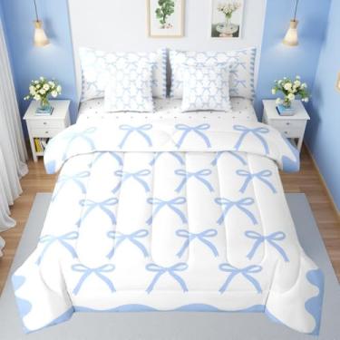 Imagem de Erosebridal Conjunto de edredom solteiro fofo com laço azul, 7 peças, estilo princesa simples em uma bolsa, conjunto de cama para crianças, meninos, meninas, azul, elegante, gravata borboleta