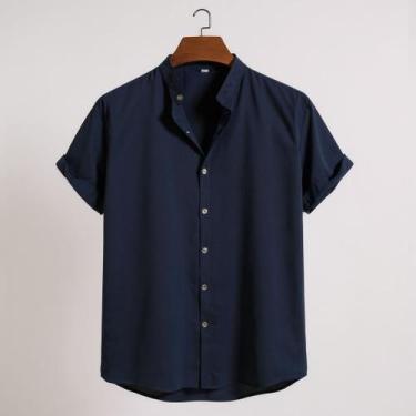 Imagem de Camisa Social Gola Padre Masculina Manga Curta Aspecto Linho - Volgue,