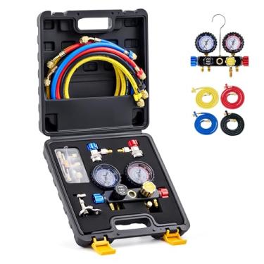 Imagem de Conjunto de manômetro de diagnóstico CA de 4 vias, se encaixa nos refrigerantes R134A R410A e R22, com mangueira 5FT, 3 adaptadores de tanque ACME, acopladores ajustáveis e torneira