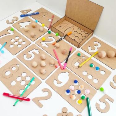 Imagem de Brinquedo Educativo de Madeira, Números de 1 a 10, Placas de Aprendizagem com Stencil, Contagem e Numerais, MDF Natural, Jogo Pedagógico para Crianças
