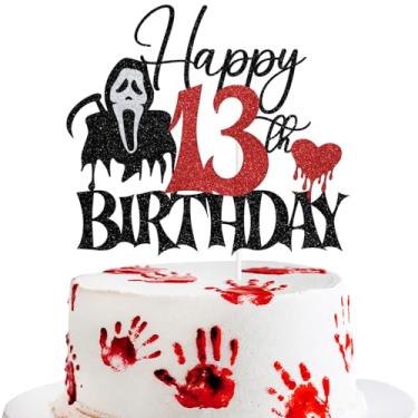 Imagem de Black Glitter Happy 13th Birthday Cake Topper, Zombie Vampire Bloody Friday Party Décor, Killer Horror Movies Themed 13th Birthday Party Decorations Supplies