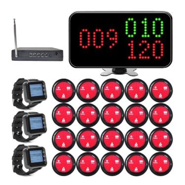 Imagem de KOQICALL Sistema de chamada de garçom sem fio com tela de exibição de 1 número/3 pagers de relógios/20 botões de chamada de mesa à prova d'água/1 amplificador de sinal para restaurante, café, bar