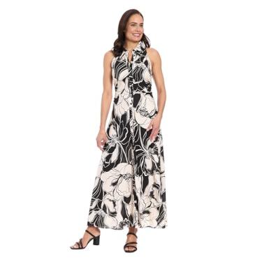 Imagem de London Times Vestidos femininos sem mangas com colarinho e botão frontal evasê maxi para convidados de casamento, Multi, 38