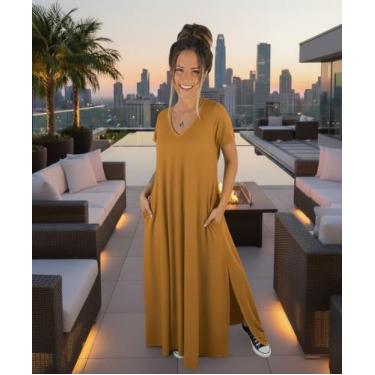 Imagem de vestido gola v com fenda na lateral - neide moda, Mostarda, G1 50-52