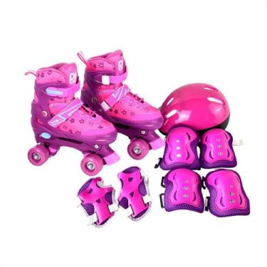 Imagem de Patins Infantil Roller 4 Rodas Ajustável Kit Proteção Rosa M 34 A 37 5
