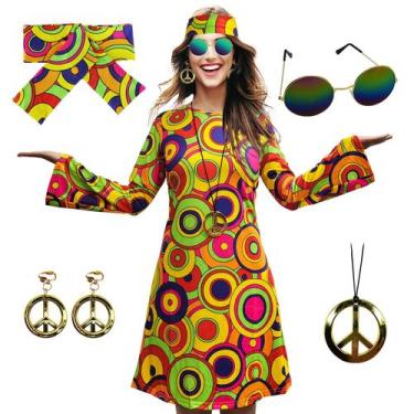 Imagem de Vestido de fantasia MRYUWB Hippie dos anos 70 com colar, brincos, ócul