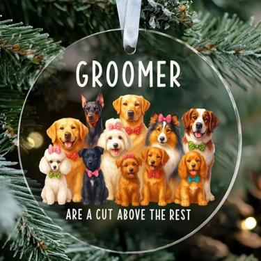 Imagem de KoKi9xxGifts Ornamento de tosador de cães - design de cães fofos com laços - Decoração acrílica de apreciação de cuidados com animais de estimação - presente para tosadores e amantes de animais de