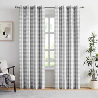 Imagem de Amzdecor Cortinas blecaute xadrez cinza branco búfalo 228 cm de comprimento para quarto, sala de estar, quinta, estampada, isolamento térmico, isolamento acústico, ilhós, tratamento de janela, 2