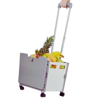 Imagem de Carrinho Dobrável Carrinho de Compras com 4 Rodas Giratórias 360°, Cinza, Capacidade 35kg, Dimensões 43x39x102cm, Alça Dupla Retrátil