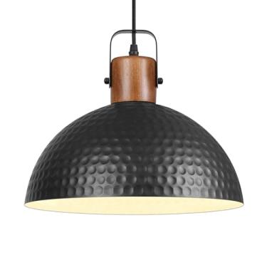 Imagem de POLITAMP Luminária Pendente Preta, De Teto Metal Martelado 11,8", Iluminação Cúpula Madeira Maciça, Lustre Industrial Moderno Para Ilha Cozinha, Mesa Jantar, Restaurante, Casa Fazenda, Corredor