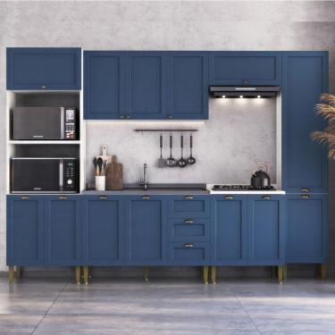 Imagem de Armário Cozinha Americana Modulada Completa 305cm Com Balcão Multimóveis Cr20496 Branco-Azul