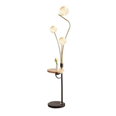 Imagem de Luminária de chão Candeeiro de pé com mesa anexada, candeeiros sala estar bandeja madeira maciça e portas carregamento USB, candeeiro alto para, quarto, escritório(Branco)