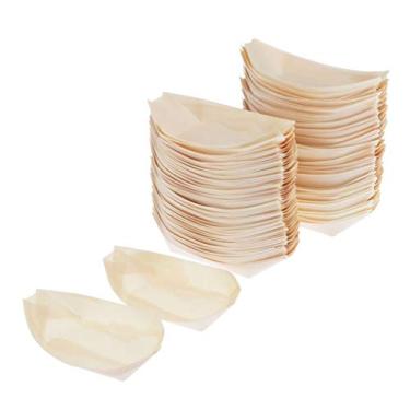 Imagem de 100 bandejas descartáveis de madeira natural | Pratos de pinho para petisco | Perfeito para catering, casamentos e festas - 170 x 85 mm