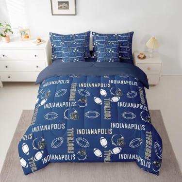 Imagem de jejeloiu Jogo de edredom de futebol americano com lençol de solteiro, Indianápolis, para decoração de quarto de meninos, meninas, adolescentes, cidade de futebol americano, 7 peças, azul, branco