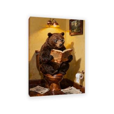 Imagem de SDYJ6GSW Impressão em tela animal engraçada urso marrom leitura com óculos pôsteres arte de parede para casa de fazenda decoração de parede de banheiro moldura pronta para pendurar 70 x 50 cm