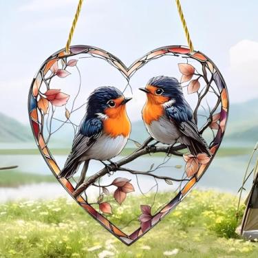 Imagem de 1 peça para pendurar em acrílico colorido com dois pássaros em forma de coração, decoração de janela de 18 cm, design de estilo vitral, arte de parede de arco-íris, ideia de presente e ornamento de