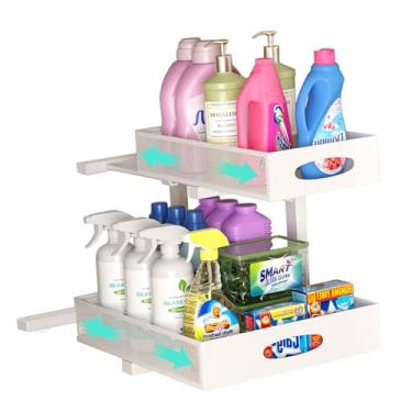 Imagem de Beleeb Organizador embaixo da pia, atualização extralarga, 1 pacote com 2 camadas de metal organizador de armário deslizante, série de organização e armazenamento de altura ajustável, organização de