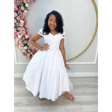 Imagem de Vestido Infantil Branco com Busto Nervura e Cinto de Pérolas para Dama