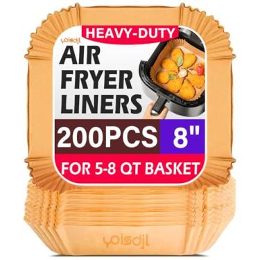 Imagem de ReLuien 200 peças de forros de fritadeira a ar descartáveis, pergaminho quadrado de 22 cm, forro de papel descartável para fritadeira a ar, assar, assar e micro-ondas, acessórios de forro antiaderente