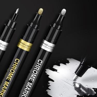Imagem de 3 marcadores de tinta cromados líquidos, caneta de tinta cromada para a maioria das superfícies, marcador espelhado para reparo, líquido reflexivo permanente, retoque, pintura de modelo, marcação ou