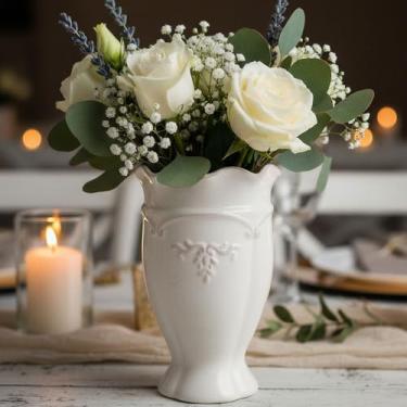 Imagem de hjn Vasos de cerâmica - Vaso de flor para pirces centrais, vaso de decoração de casa de fazenda moderna, vaso branco feito à mão para decoração de casa/entrada/cornija/estante de livros com textura
