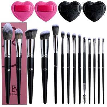 Imagem de BS-MALL Conjunto profissional de 14 pincéis de maquiagem com 4 mini liquidificadores de beleza - pincel de base, pó e esponjas de maquiagem para uso diário impecável (preto)