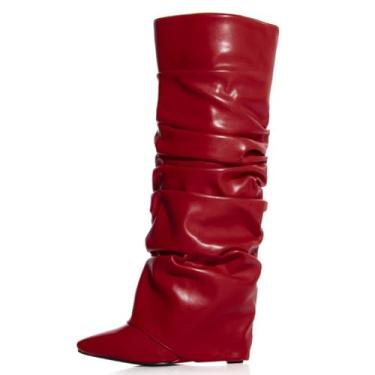 Imagem de Yishaweiqi Botas femininas dobradas franzidas despojadas com salto cunha de couro envernizado, cano alto, bico fino, botas casuais, Borgonha, 42