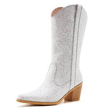Imagem de ZXHYZLZ Botas femininas caubói ocidentais bordadas, cano médio, bico fino, salto grosso, moderno, retrô, clássica, Prata multicolorida e lantejoulas, 40