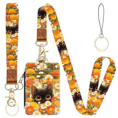Imagem de Lindo gato escondido entre as flores 2 em 1 porta-crachá de identificação e carteira de cordão para professores, enfermeiras, profissionais - linda bolsa de moedas com zíper, alça de pulso removível e