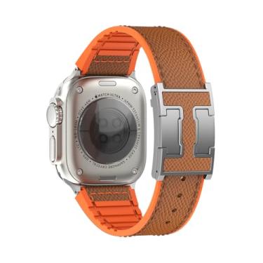 Imagem de Pulseiras esportivas compatíveis com Apple Watch séries 10 9 Ultra 8, 7, 6, 5, 4, 3, 2 e 1 SE, para mulheres e homens (pulseira marrom + fivela H prata, 49 mm/46 mm/45 mm/44 mm)