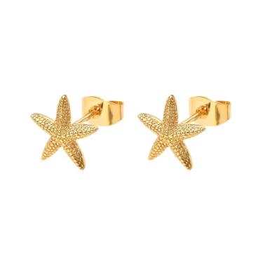 Imagem de Brincos femininos de aço inoxidável banhados a ouro 18 K - Brincos hipoalergênicos à prova d'água e antimanchas - nó de amor, estrela do mar, concha, asa de anjo, pérola, coração, laço, joia de