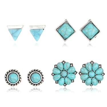 Imagem de RLHRNDE Conjunto de brincos de turquesa para mulheres, requintados, boêmios, pequenos, geométricos, quadrados, ovais, redondos, brincos de flor feitos à mão, pedras preciosas, turquesa, presentes