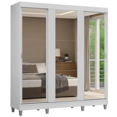 Imagem de Guarda-roupa Casal com Pés 3 Portas de Correr de Espelho Branco Reno Madesa