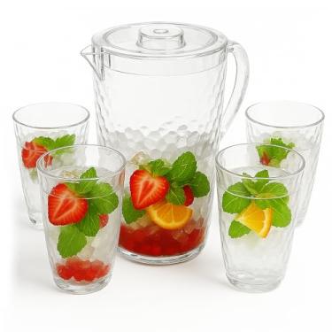 Imagem de Conjunto de jarra de água de plástico de 2,4 litros com tampa e 4 copos, livre de BPA, jarro inquebrável de 2,4 L, lavável na lava-louças, ideal para chá gelado, sangria, limonada, suco, leite