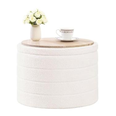 Imagem de CAIPINFUL Otomano redondo com armazenamento, mesa de centro boucle otomana, apoio para os pés para corredor, sala de estar, quarto, branco creme